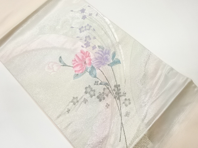 曲線に草花模様織出し袋帯